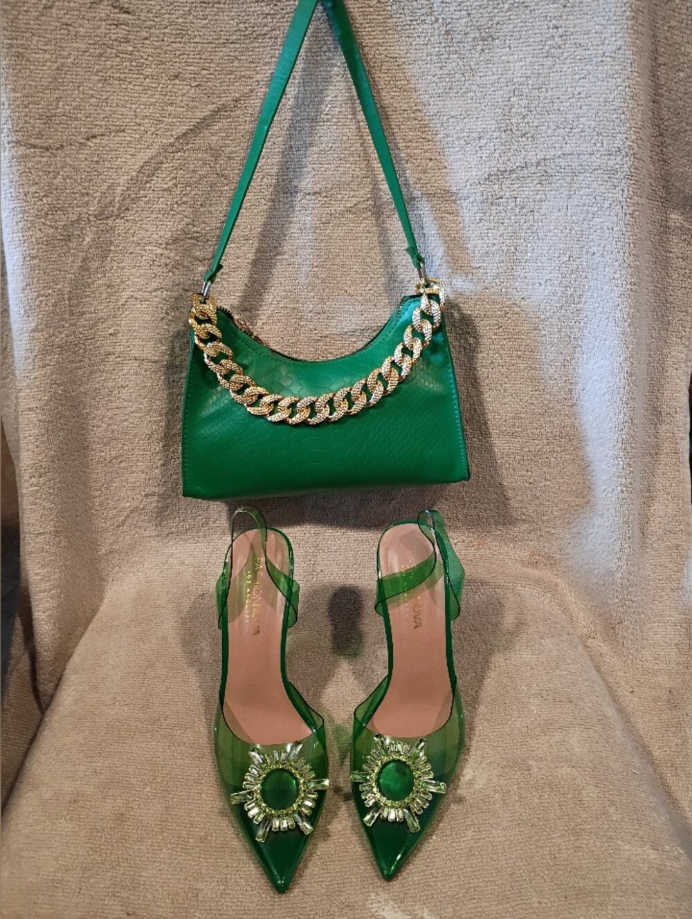 Fashion Nova Green Transparent Heels with Matching Purse Set